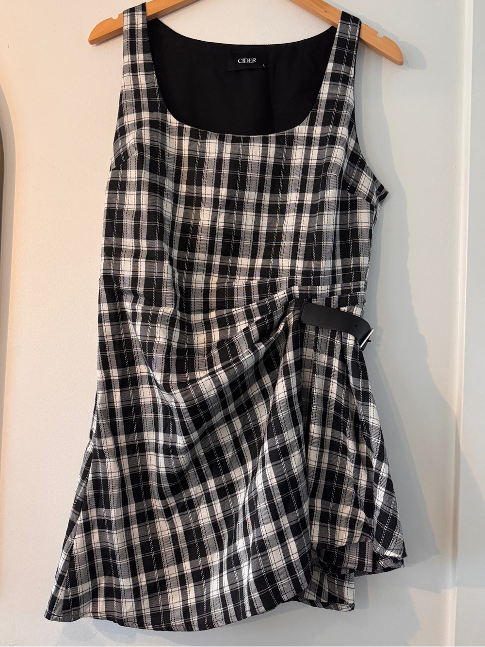 Cider Black & White Plaid Mini Dress with Scoop Neck
